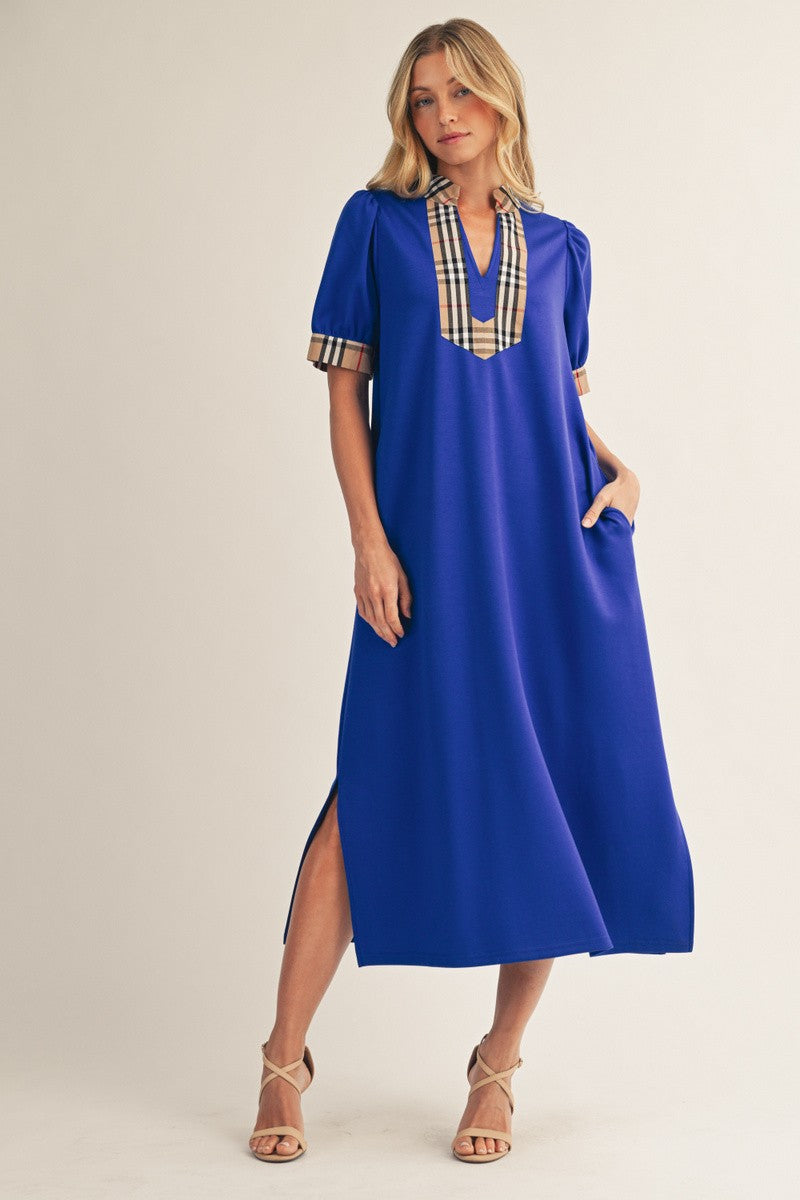 Jodifl Solid Color Midi Dress with Contrasting Classic Check in Royal