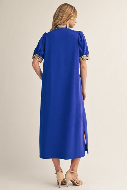 Jodifl Solid Color Midi Dress with Contrasting Classic Check in Royal