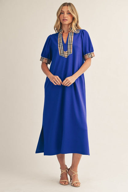 Jodifl Solid Color Midi Dress with Contrasting Classic Check in Royal