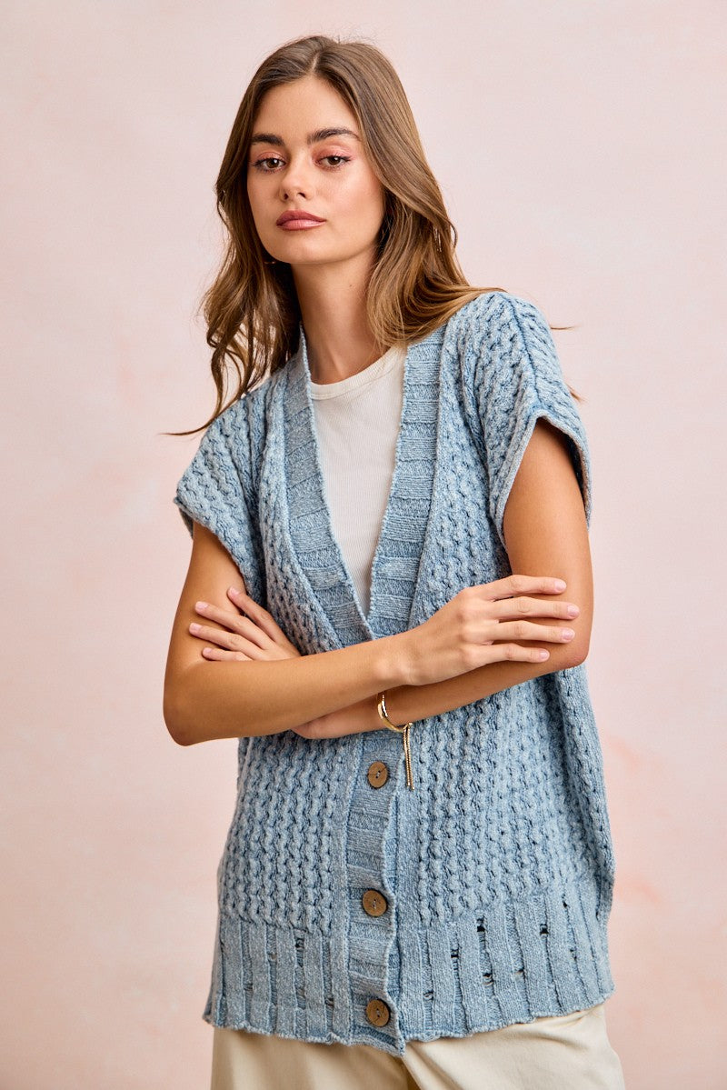 BiBi Mineral Washed Knit Boxy Cardigan in Washed Denim