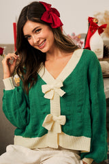 LovLov Knit Cardigan with Bow Front Details in Jade/Oatmeal