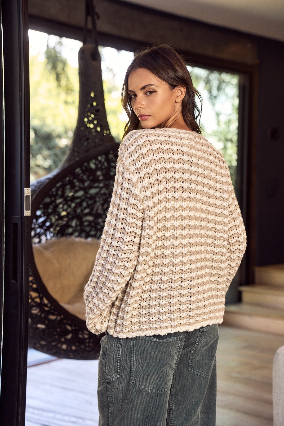LovLov Lattice Charm Cozy Bow Knit Cardigan in Latte