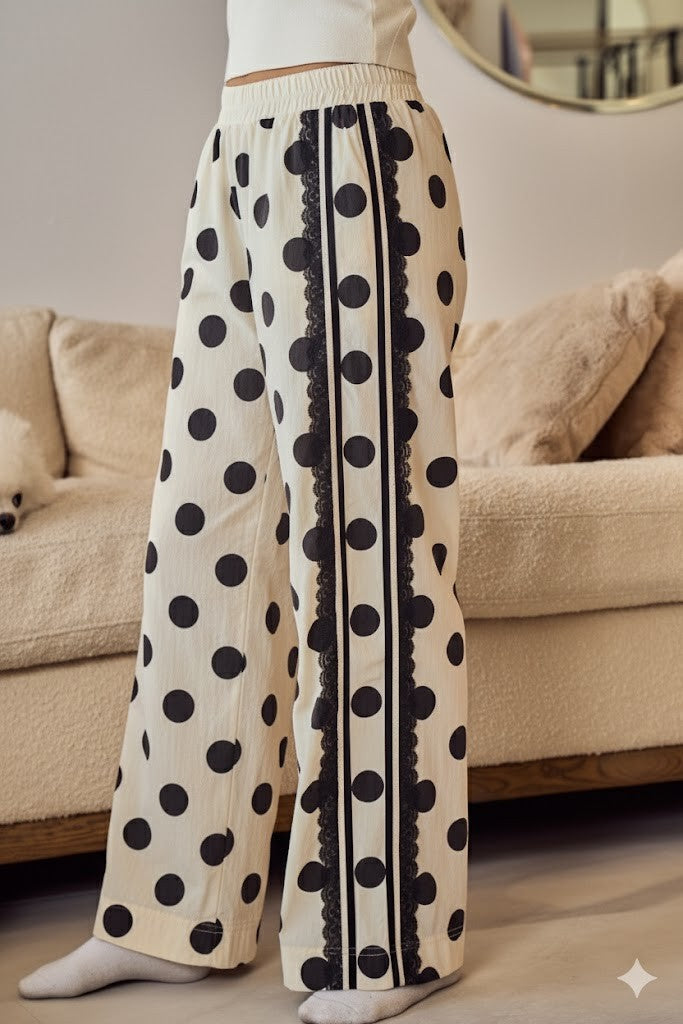 LovLov Polka Dot Lace Trimmed Pants in Ivory