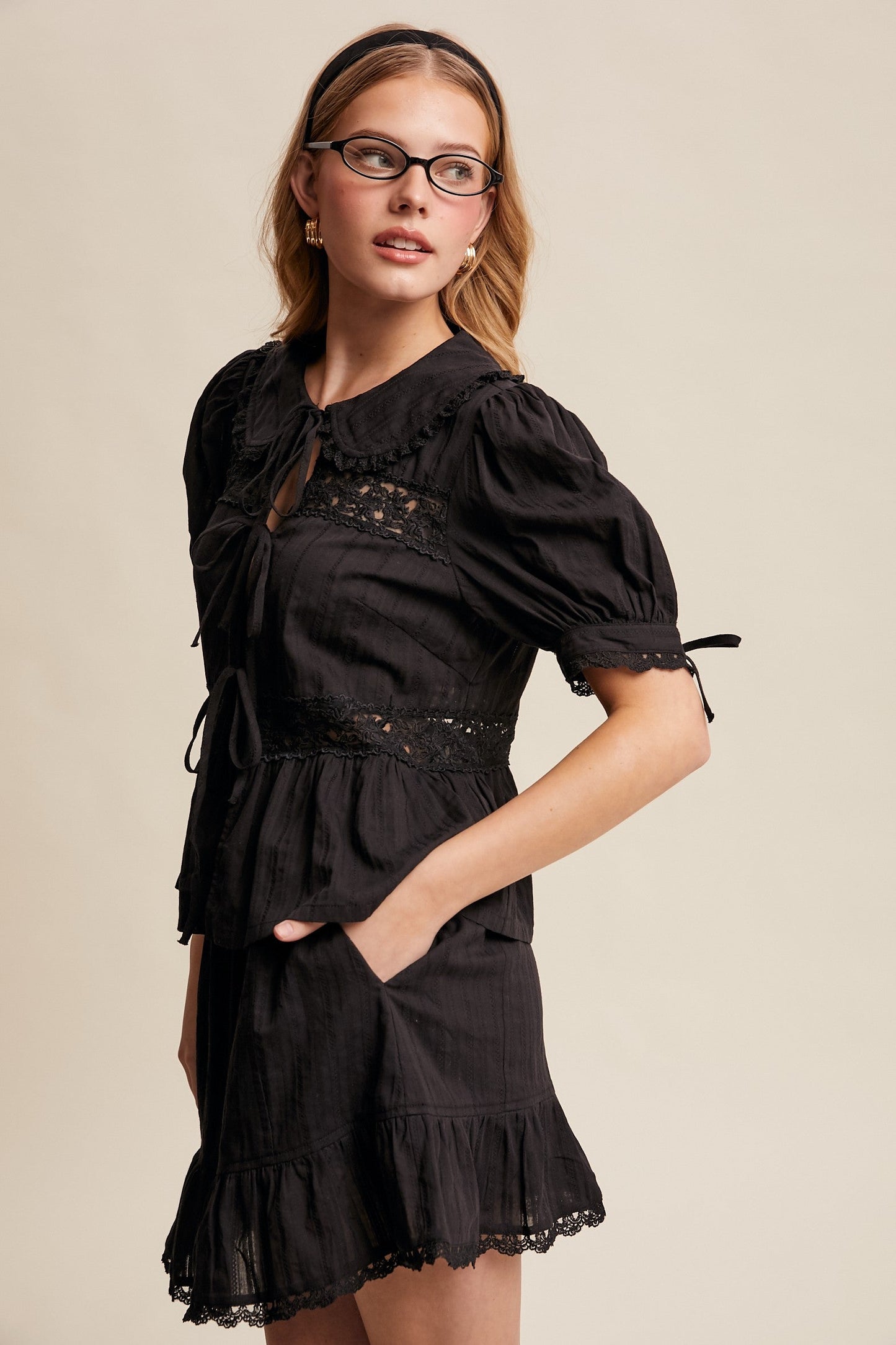 Listicle Lace Trim Peplum Top and Skirt Set in Black