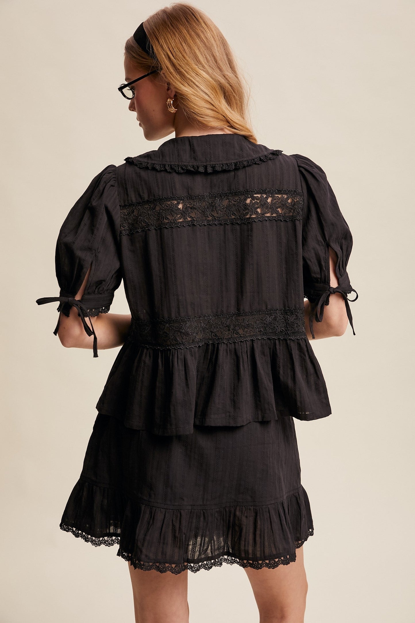 Listicle Lace Trim Peplum Top and Skirt Set in Black