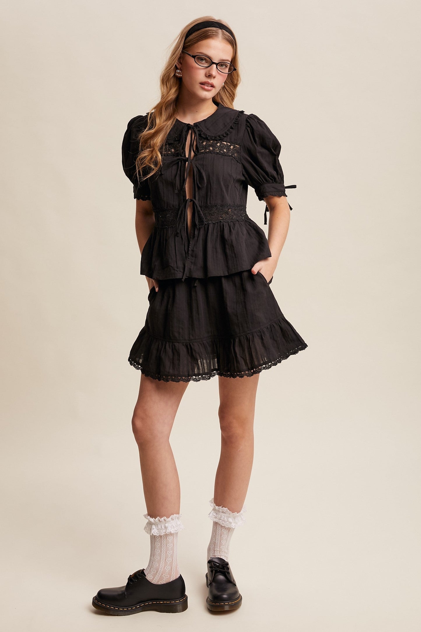 Listicle Lace Trim Peplum Top and Skirt Set in Black