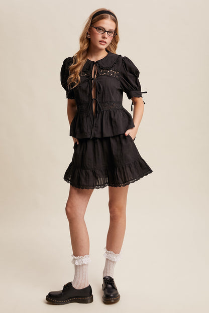 Listicle Lace Trim Peplum Top and Skirt Set in Black