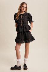 Listicle Lace Trim Peplum Top and Skirt Set in Black