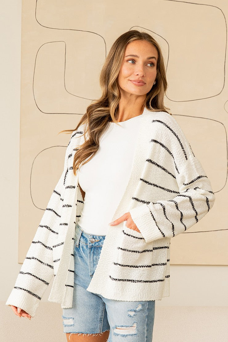 Sew in Love Striped Knit Cardigan in Off White/Black