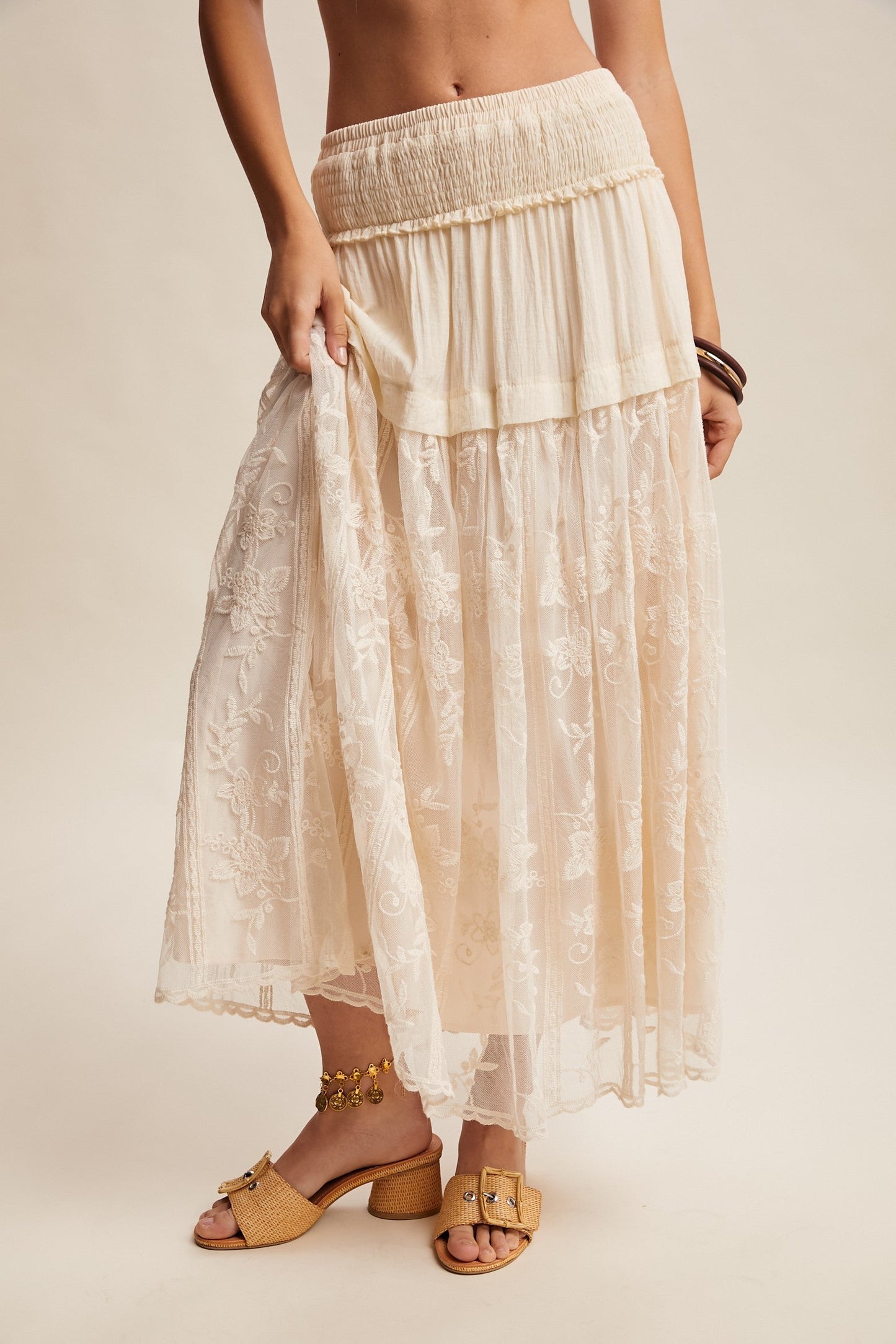 Listicle Embroidered Maxi Skirt in Ecru