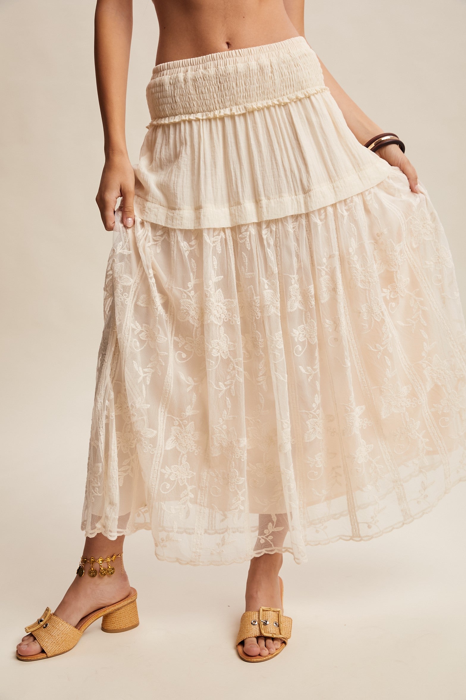 Listicle Embroidered Maxi Skirt in Ecru
