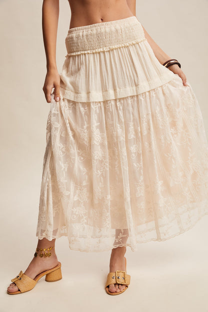Listicle Embroidered Maxi Skirt in Ecru