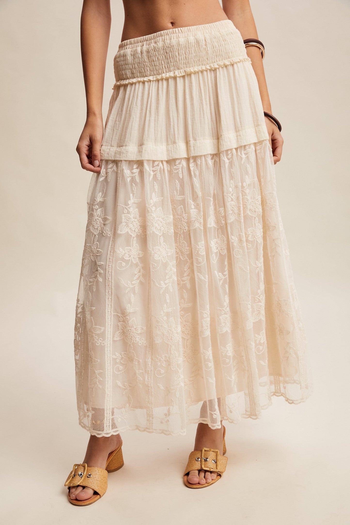 Listicle Embroidered Maxi Skirt in Ecru