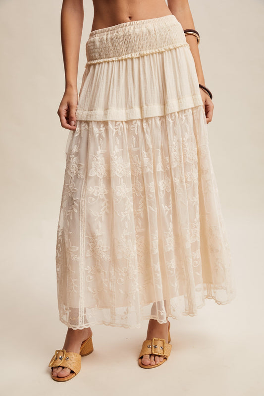 Listicle Embroidered Maxi Skirt in Ecru