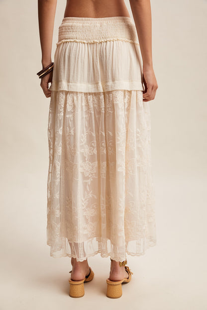 Listicle Embroidered Maxi Skirt in Ecru