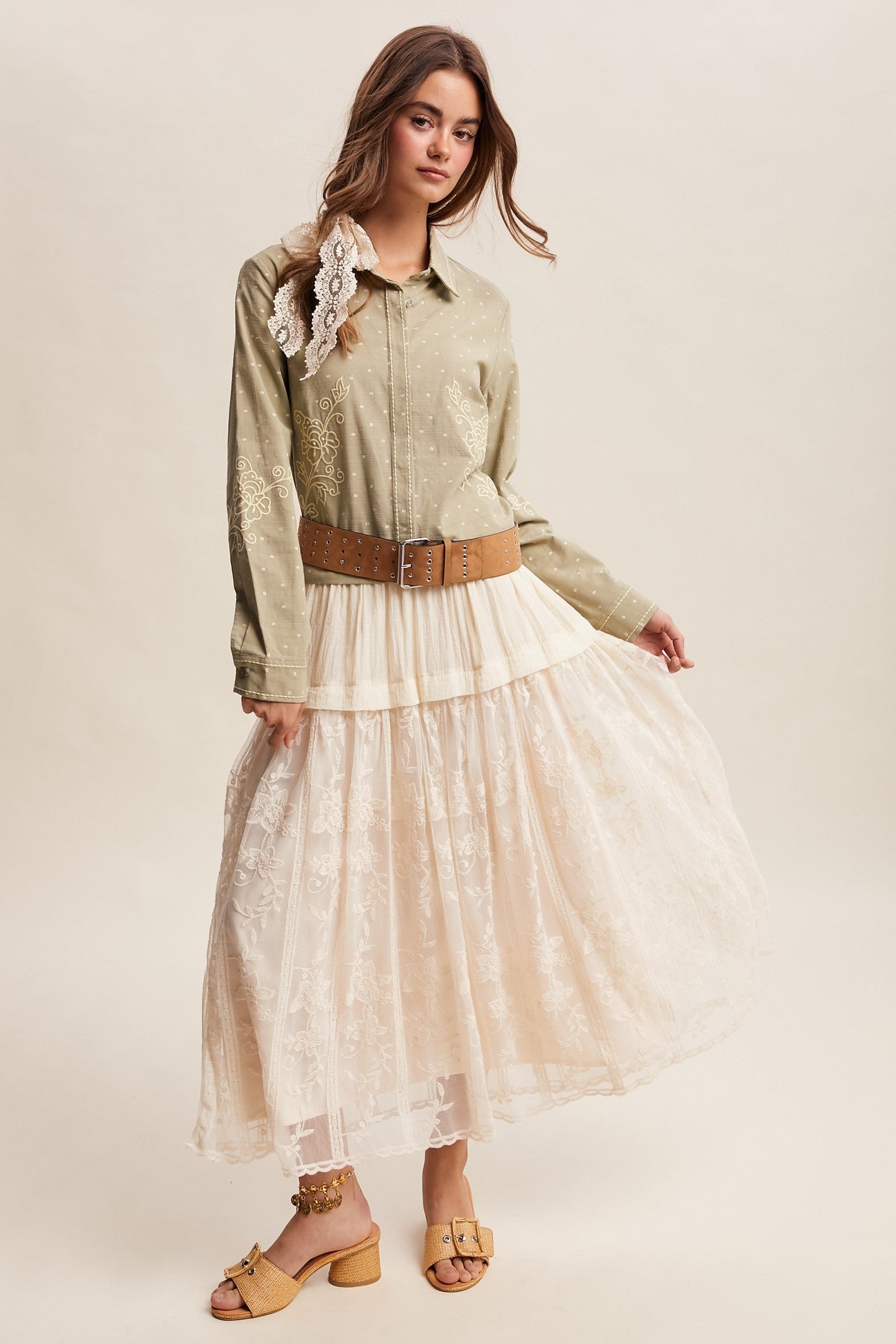 Listicle Embroidered Maxi Skirt in Ecru