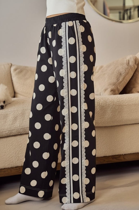 LovLov Polka Dot Lace Trimmed Pants in Black