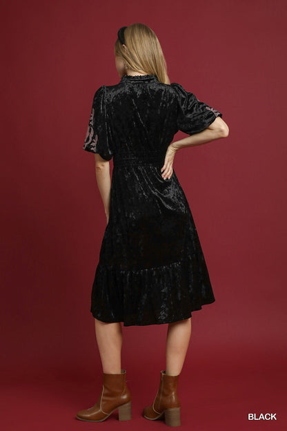 Umgee Velvet Smocked Midi Dress in Black