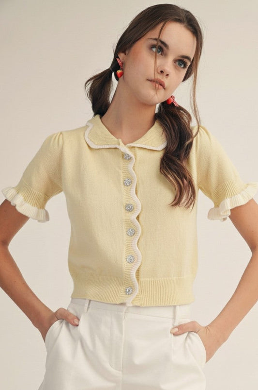 LovLov Scalloped Petal Whisper Knit Cardigan in Lemon