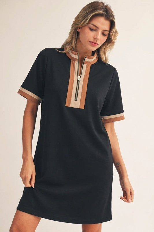 Jodifl Quarter Zip Front Casual Dress in Black