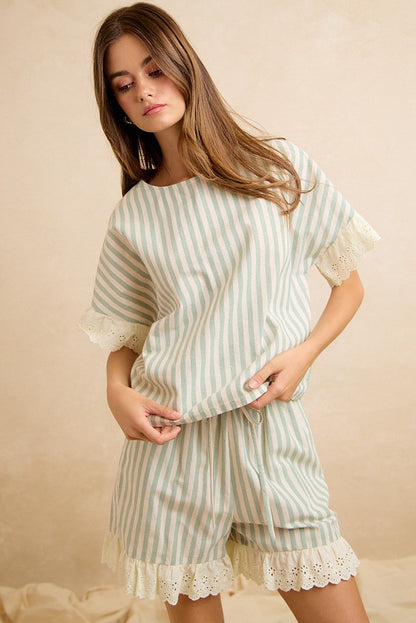 BiBi Stripes And Eyelet Lace Ruffled Top And Shorts Set in Eucalyptus
