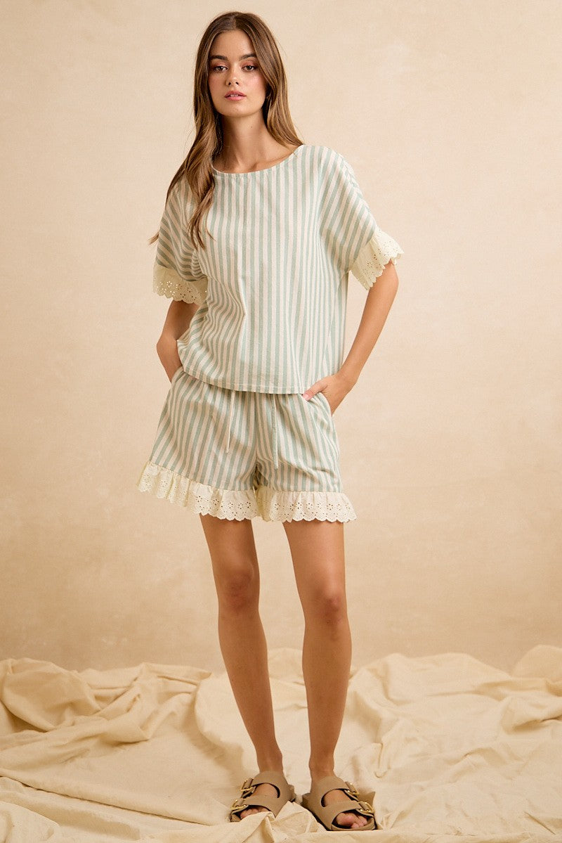 BiBi Stripes And Eyelet Lace Ruffled Top And Shorts Set in Eucalyptus