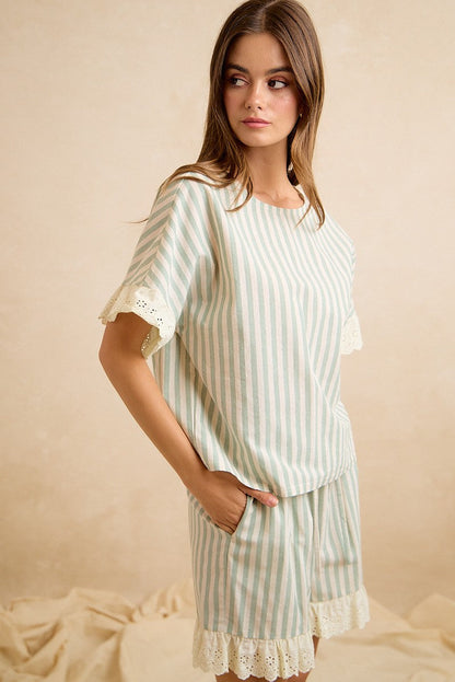 BiBi Stripes And Eyelet Lace Ruffled Top And Shorts Set in Eucalyptus