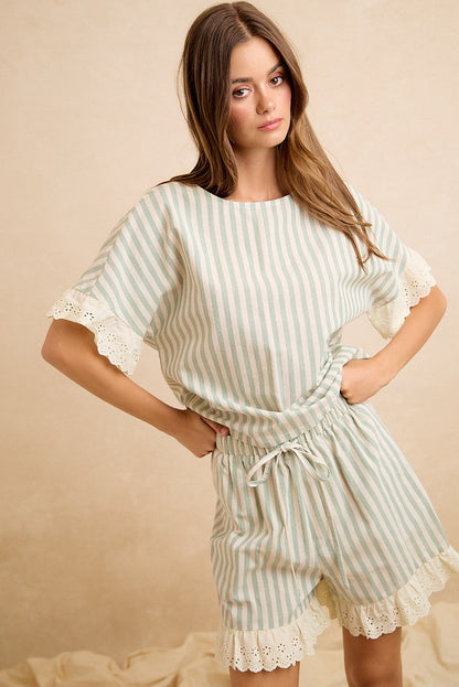 BiBi Stripes And Eyelet Lace Ruffled Top And Shorts Set in Eucalyptus