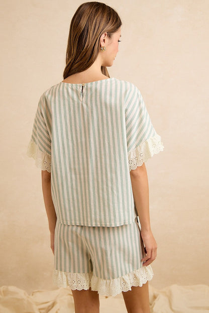 BiBi Stripes And Eyelet Lace Ruffled Top And Shorts Set in Eucalyptus