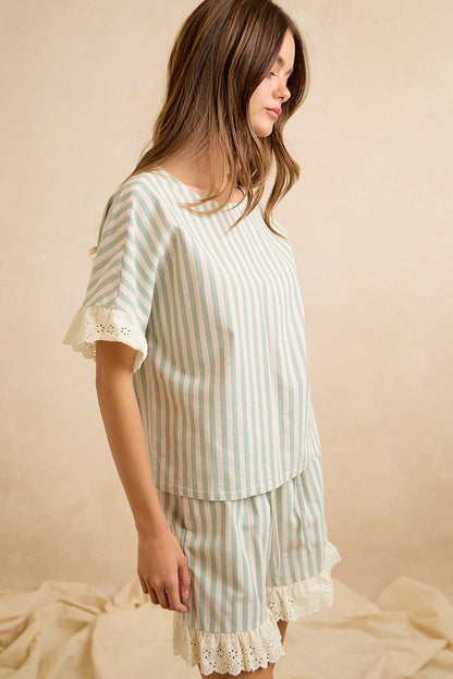 BiBi Stripes And Eyelet Lace Ruffled Top And Shorts Set in Eucalyptus