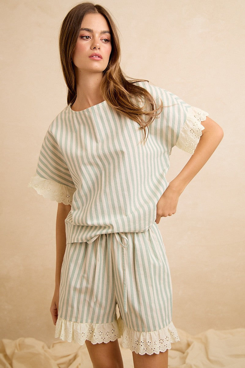 BiBi Stripes And Eyelet Lace Ruffled Top And Shorts Set in Eucalyptus