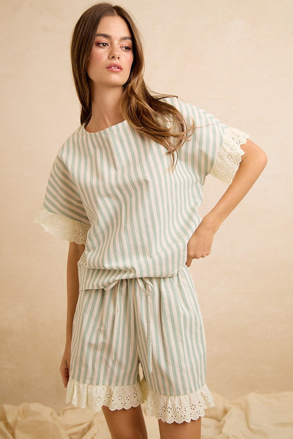 BiBi Stripes And Eyelet Lace Ruffled Top And Shorts Set in Eucalyptus