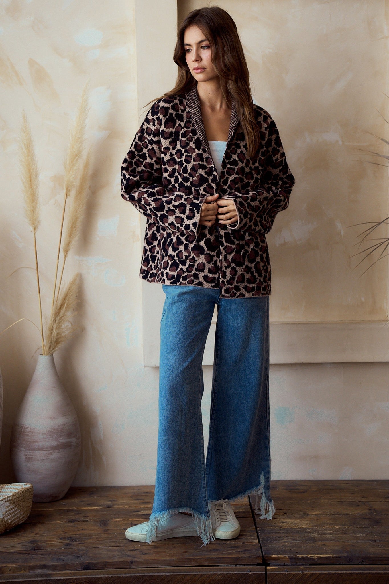 LovLov Open Front Sweater Knit Cardigan in Leopard Mocha
