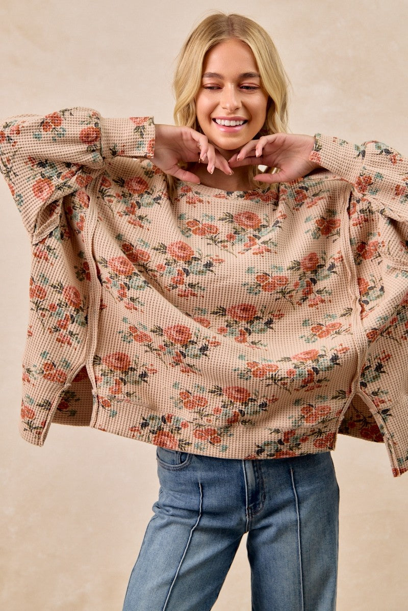 BiBi OVERSIZED Floral Print Waffle Knit Top in Taupe