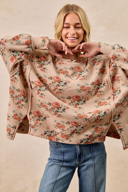 BiBi OVERSIZED Floral Print Waffle Knit Top in Taupe
