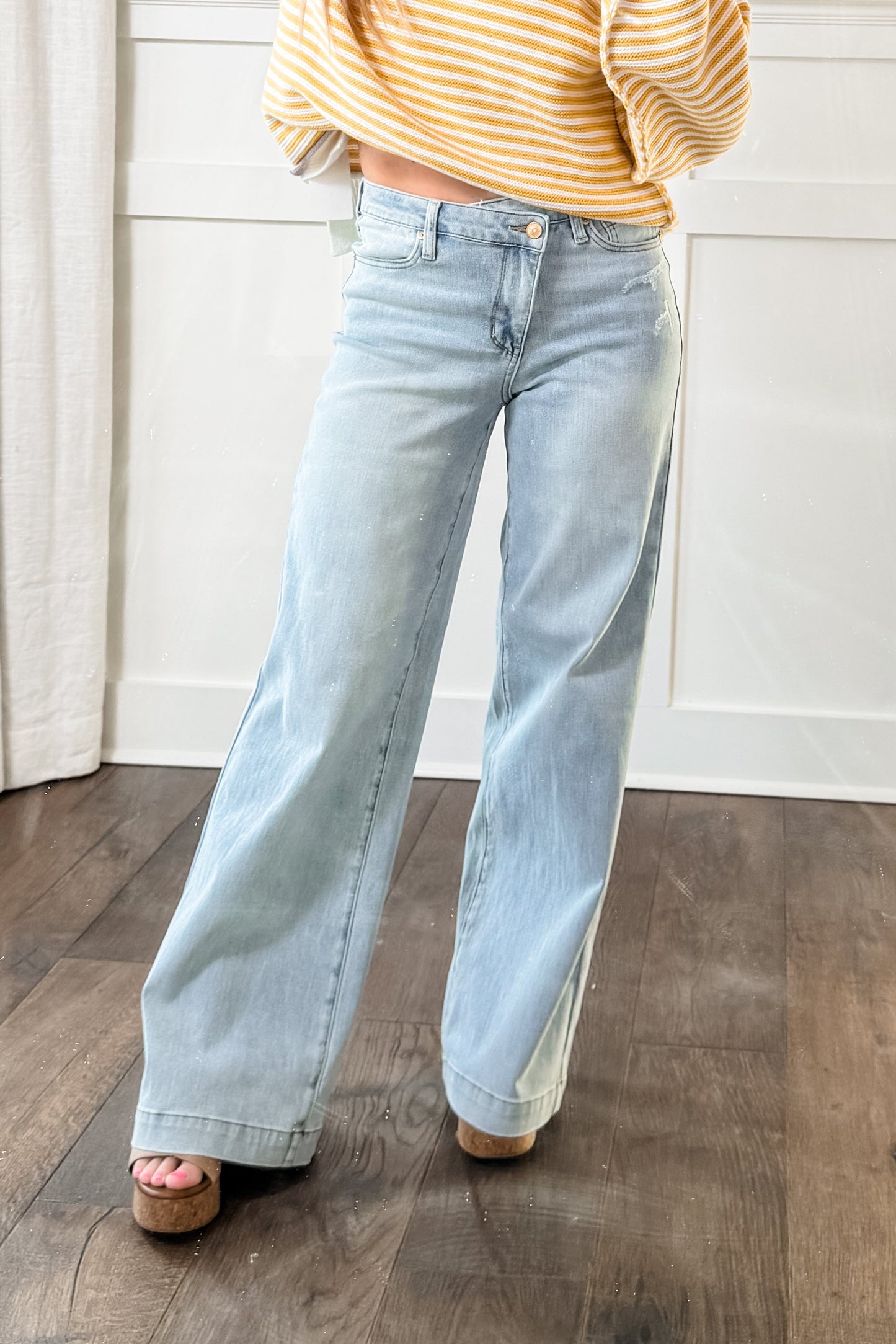 Judy Blue High Rise Light Wash Distressed Criss Cross Waistband Retro Wide Leg Jeans