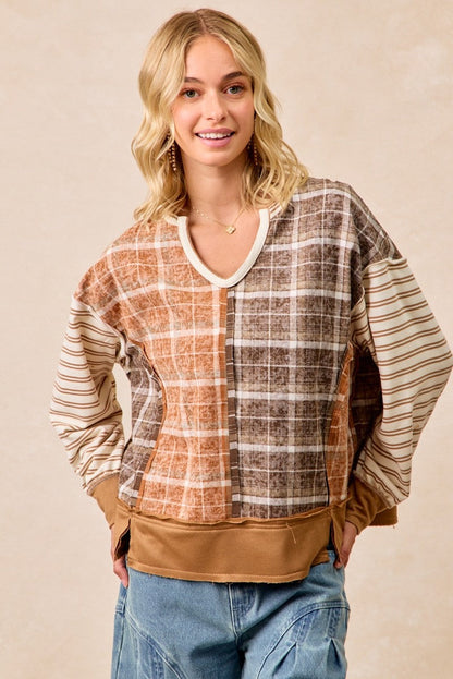 BiBi Plaid and Stripe Color Block Top in Rust/Dark Mocha