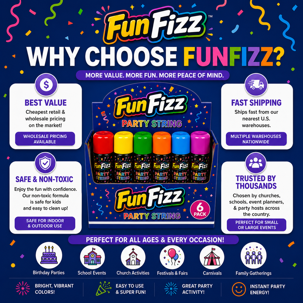 FunFizz Party String Spray (6 Pack) – Non-Toxic Color String Aerosol for Birthday Parties, Weddings, Celebrations, School Events & Festive Occasions