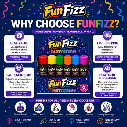 FunFizz Party String Spray (6 Pack) – Non-Toxic Color String Aerosol for Birthday Parties, Weddings, Celebrations, School Events & Festive Occasions