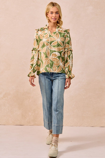 BiBi Bold Floral Print Top with Ruffle Details in Olive/Latte