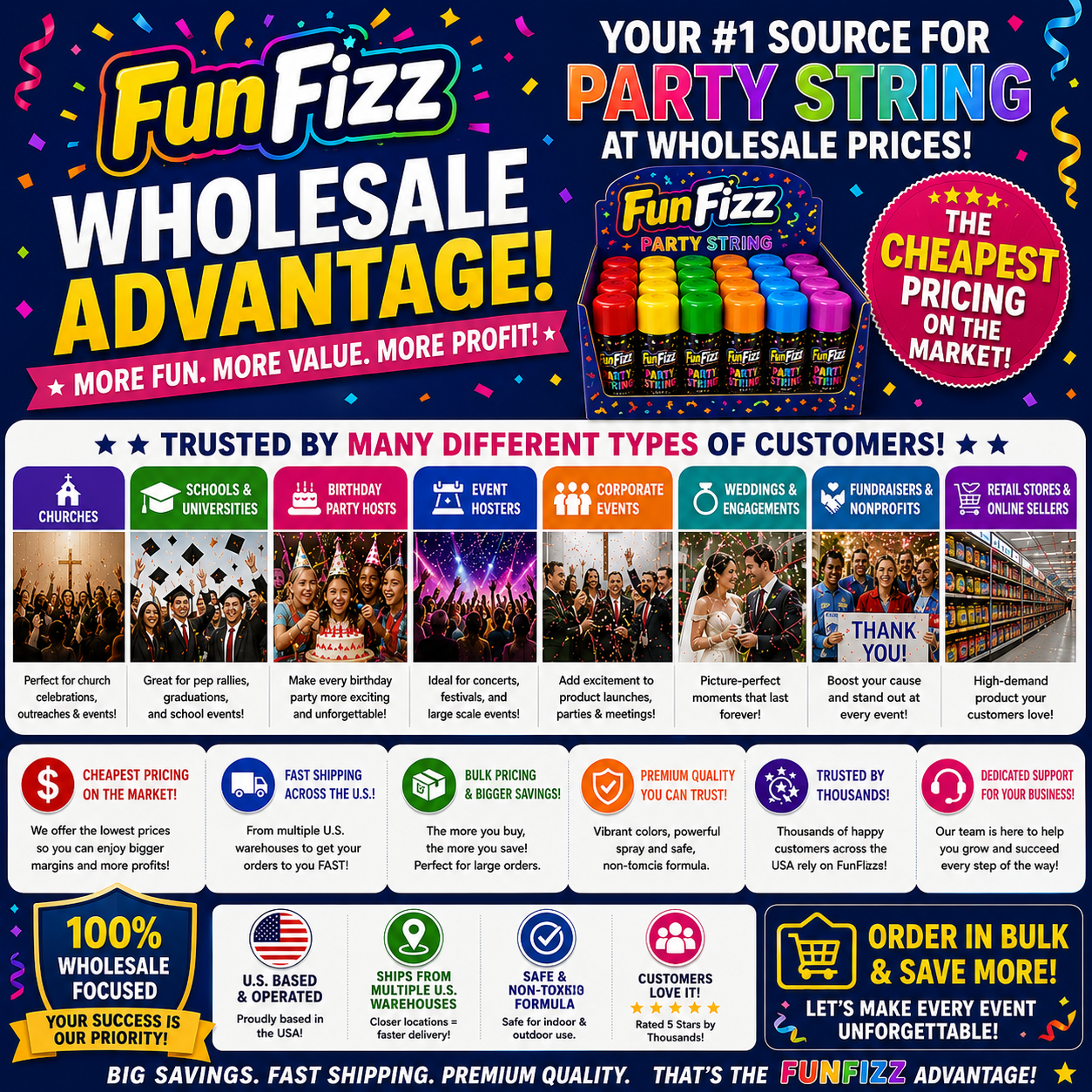FunFizz Silly Party String Spray (96-Pack Bulk Case) – Non-Toxic Color String for School Events, Field Days, Carnivals, Birthday Parties, Weddings & Large Celebrations