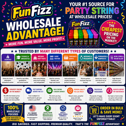 FunFizz Silly Party String Spray (96-Pack Bulk Case) – Non-Toxic Color String for School Events, Field Days, Carnivals, Birthday Parties, Weddings & Large Celebrations