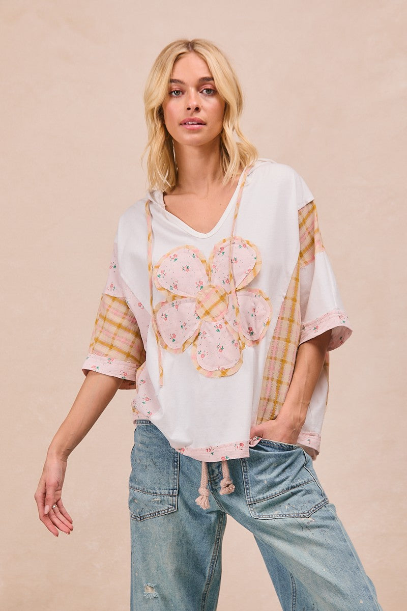 BiBi Mix n Match Hooded Top with Large Flower Patch Front in Ivory