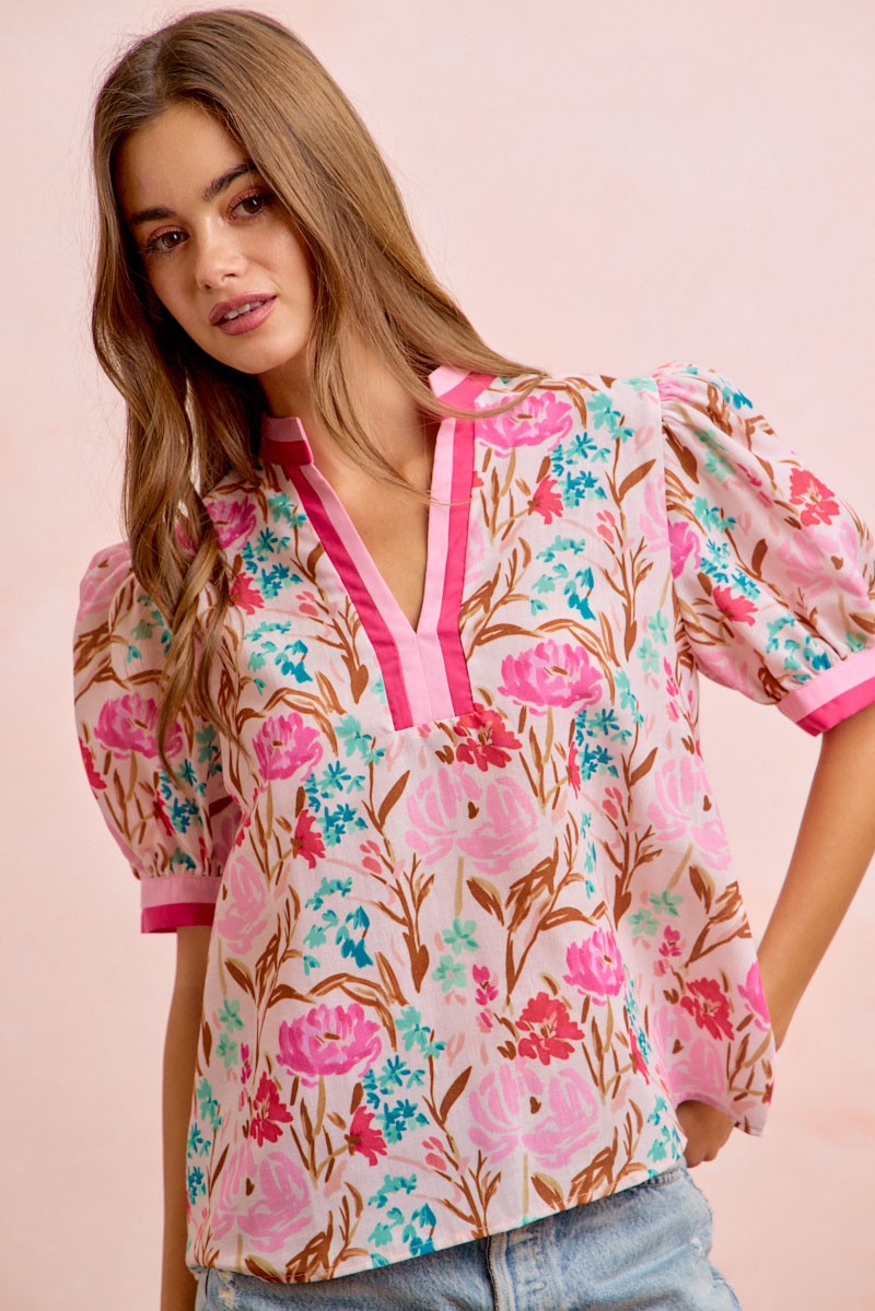 BiBi Woven Flower Print Top with Contrasting Trim in Pink