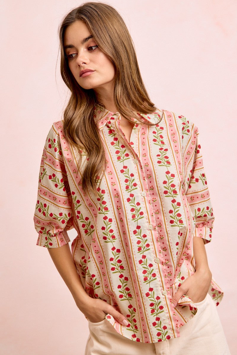 BiBi Bold Woven Striped Floral Print Button Down Top in Red