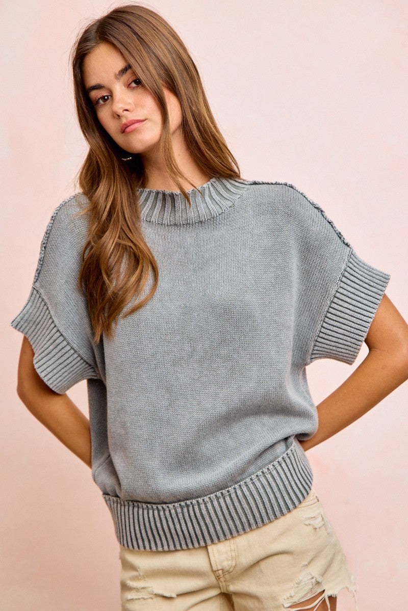 BiBi Washed Rib Banded Drop Shoulder Sweater Top in Smoke Grey