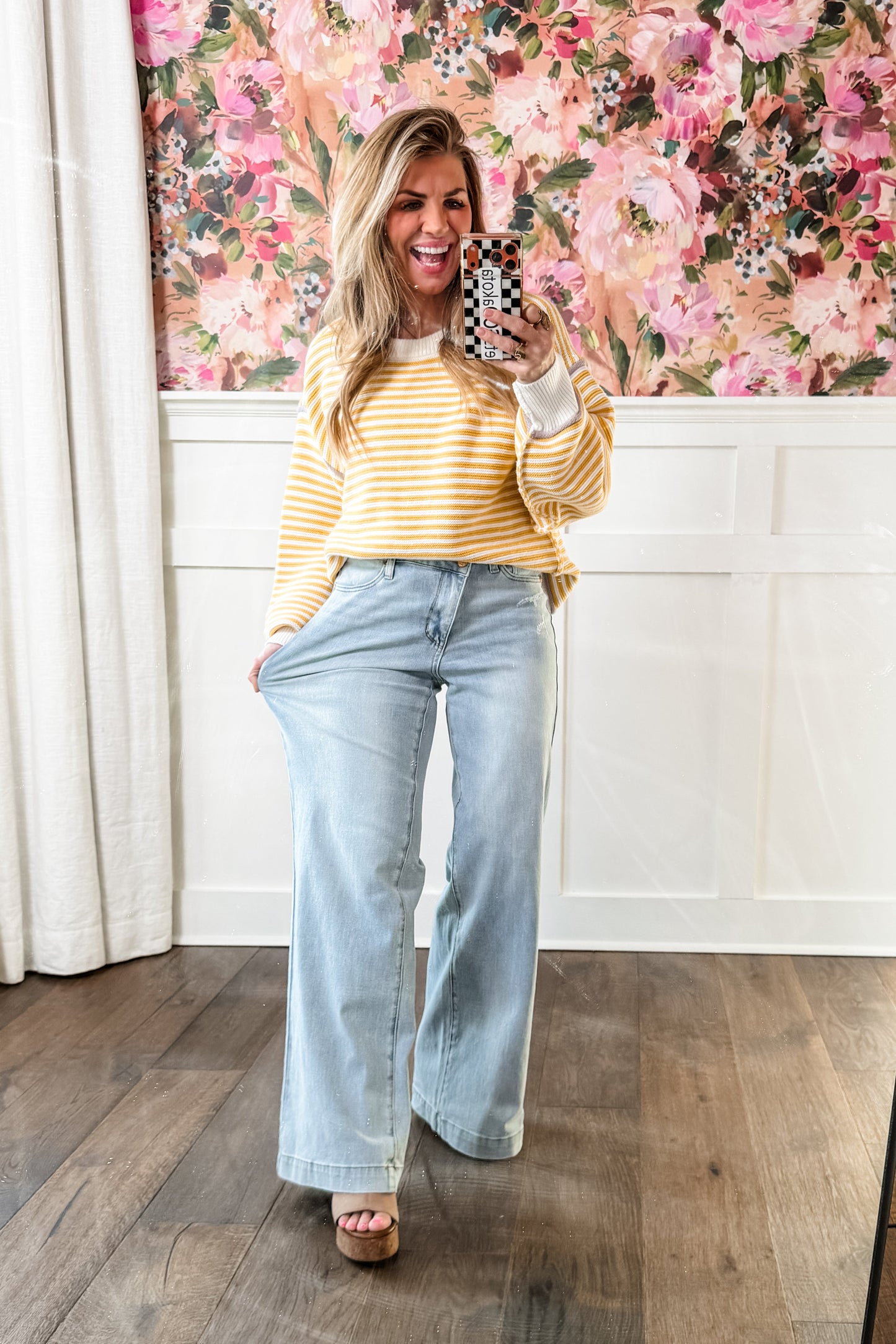 Judy Blue High Rise Light Wash Distressed Criss Cross Waistband Retro Wide Leg Jeans