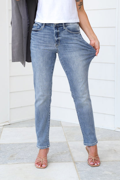 Judy Blue Work From Home Mid Rise Bleach Washed Boyfriends