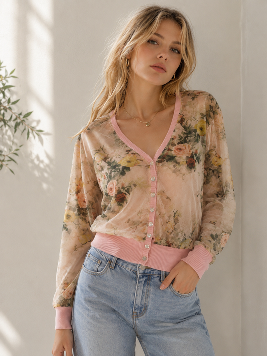 Sew in Love Floral Mesh Cardigan in Yellow/Pink
