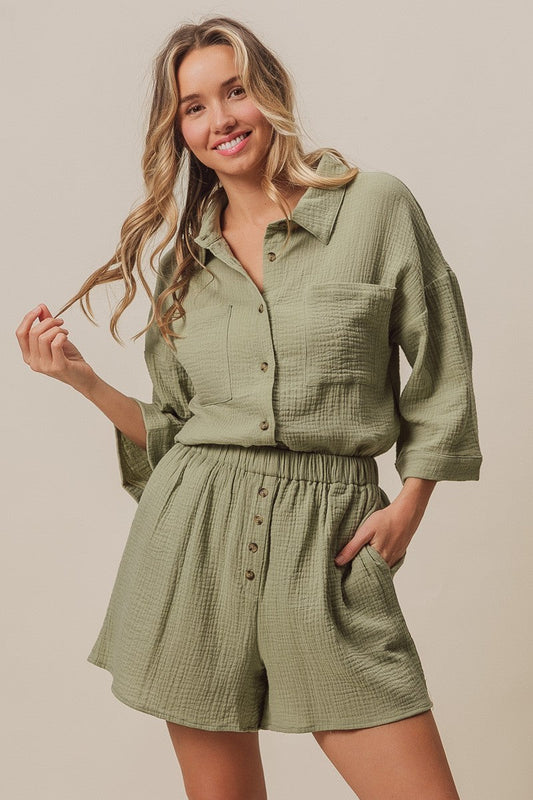 BiBi Crinkle Gauze Shirt And Short Set in Sage